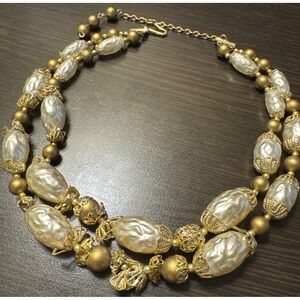 Vintage Ivory Large Beads W Gold Tone Brad Choker Japan